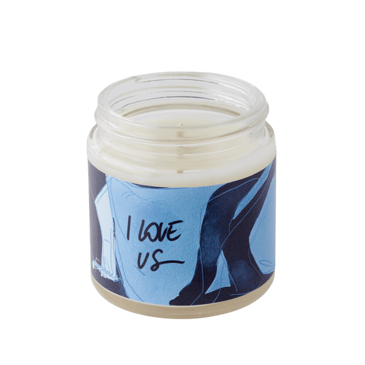 "I love us" soy wax candle in clear glass jar